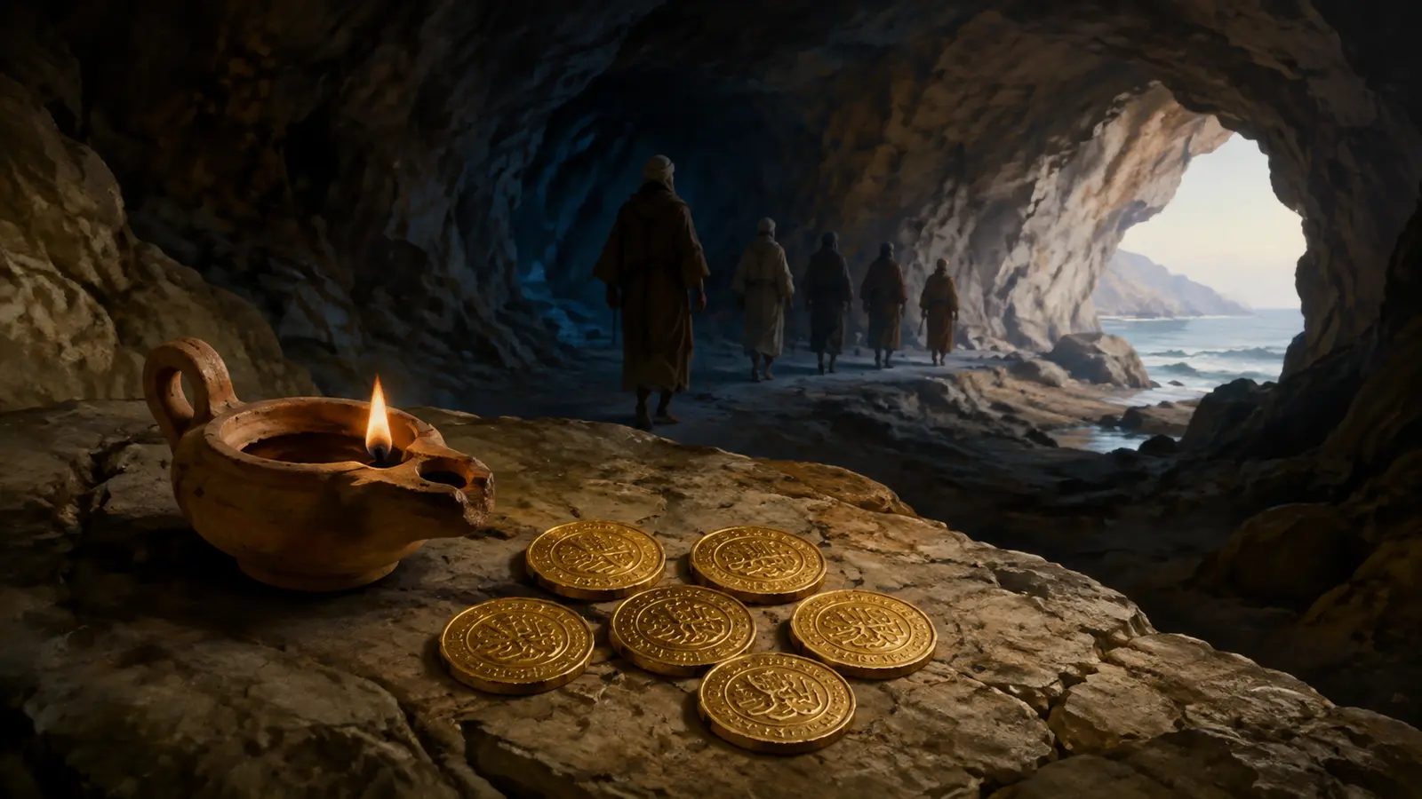 Recreación editorial de una lucerna y seis monedas almorávides en la Cueva del Tesoro