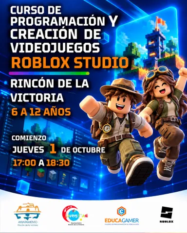 Cartel de los talleres de programación y creación de videojuegos con Roblox Studio y Unity del Centro Municipal Juvenil de Rincón de la Victoria